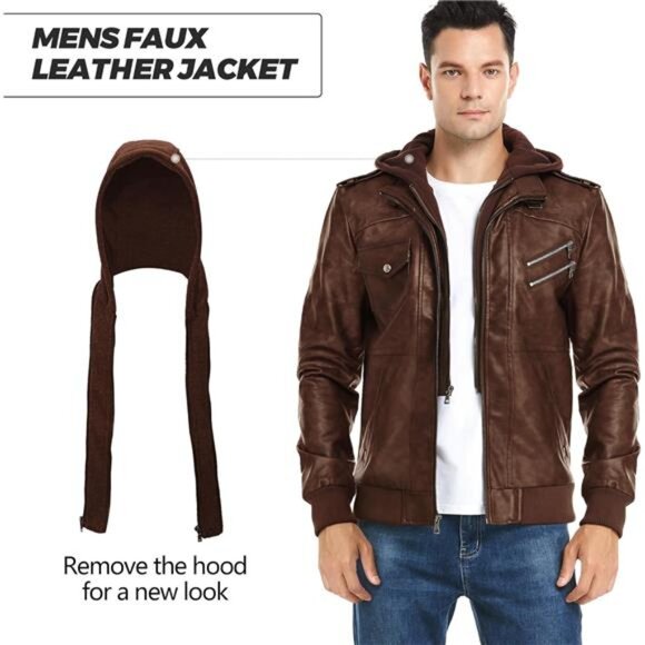 Men's Faux Leather Jacket Stand Collar Motorcycle Bomber Jackets Removable Hood - Picture 2 of 6